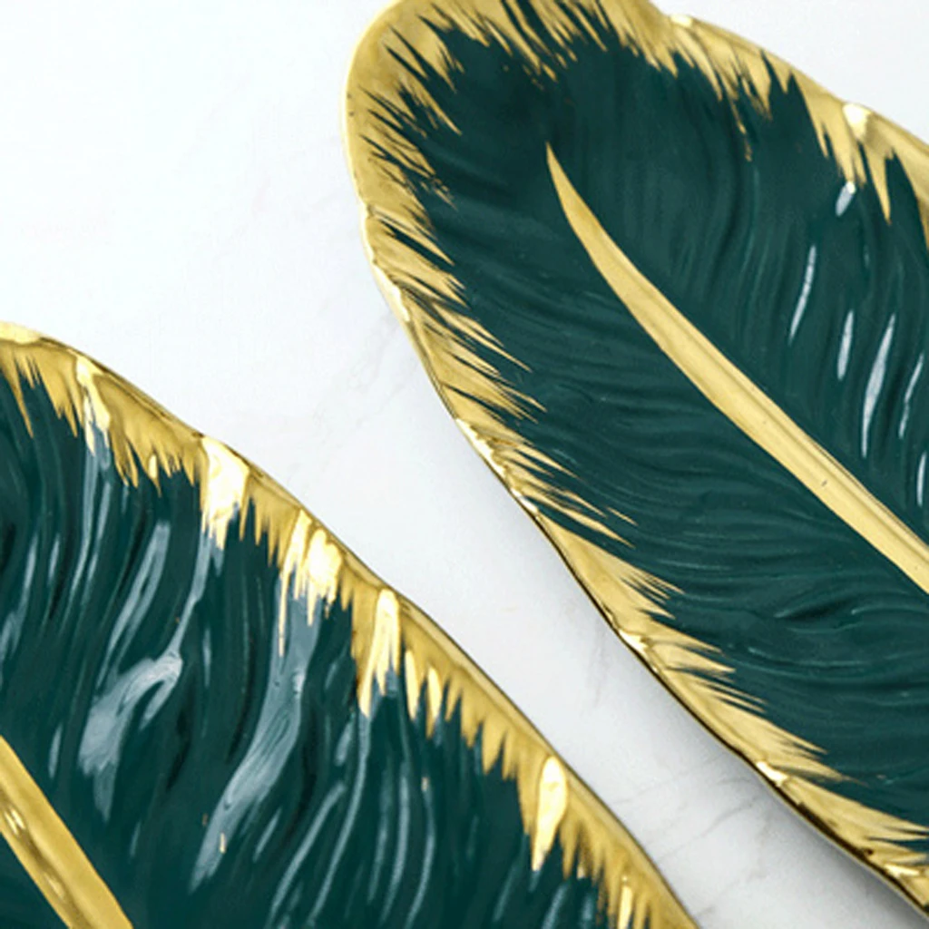 Jewelry Plate Green Golden Leaf Shaped Tray Dish Ceramic Home Decor Ornament