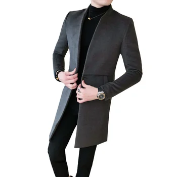 

2019 new British tide men's windbreaker long section collar Korean version self-cultivation men's single button woolen coat