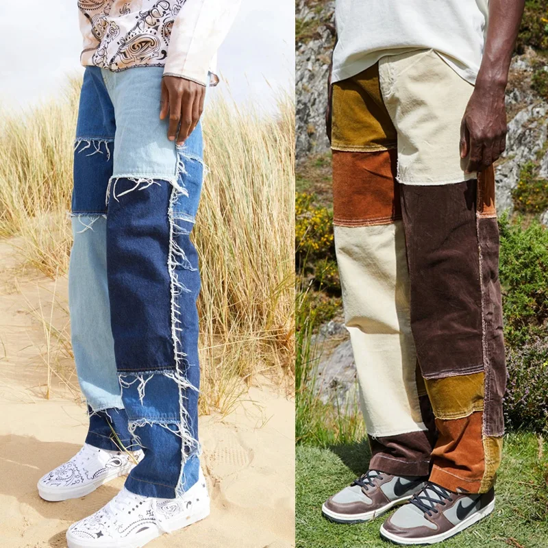 Fashion Hit Color Hip-Hop Casual Retro Pants New Plaid Print Stitching Jeans Straight Pocket Trousers 2021 Extra Large