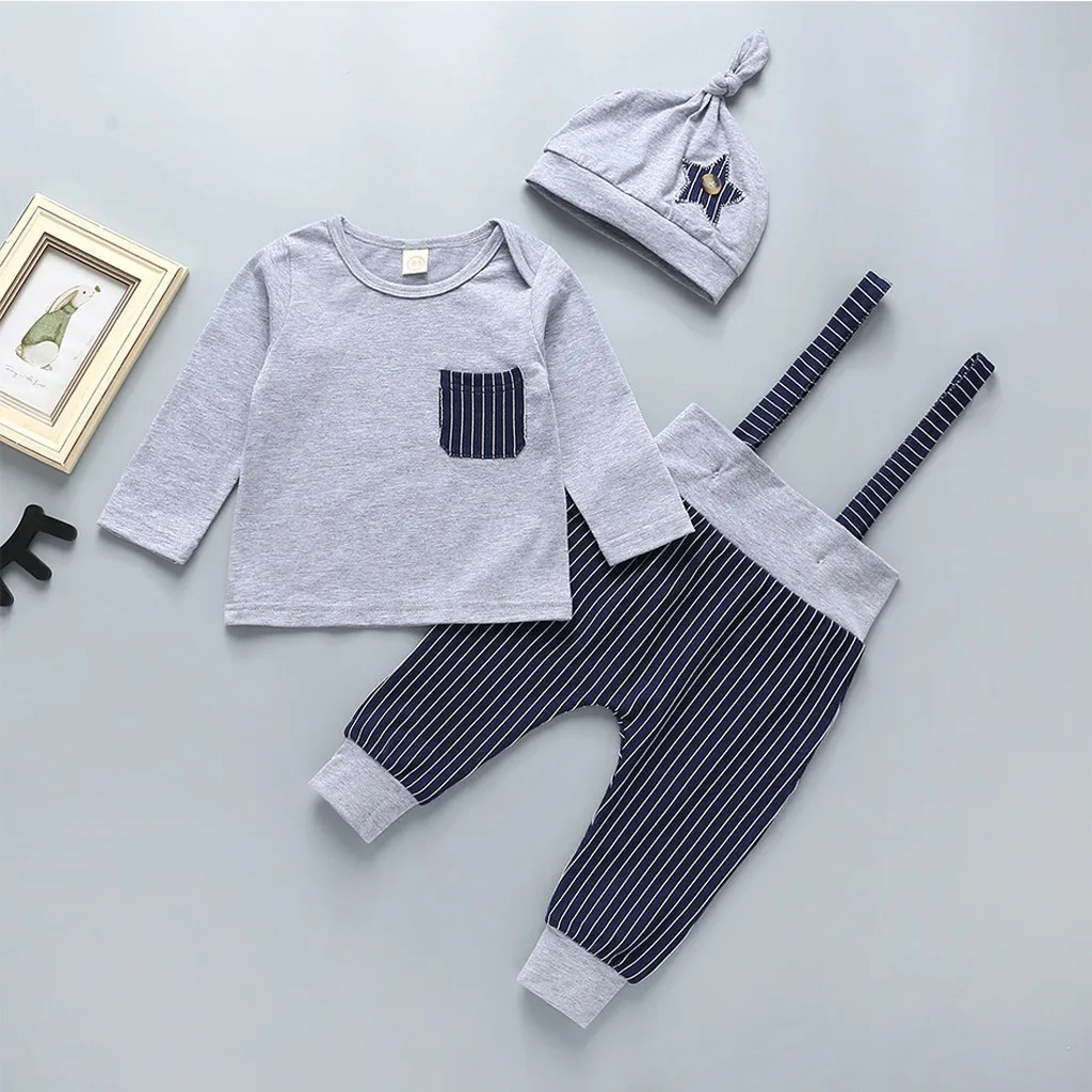 Одежда для малышей Новинка года; комплект одежды для мальчиков и девочек из 3 предметов; топ в полоску для новорожденных; штаны; комбинезон одежда с шапочкой roupas infantis menina