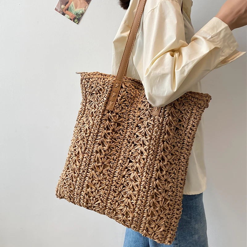 mano de paja a mano para mujer, bandolera de cuero de gran capacidad, estilo bohemio, para playa y verano|Bolsos de hombro| - AliExpress