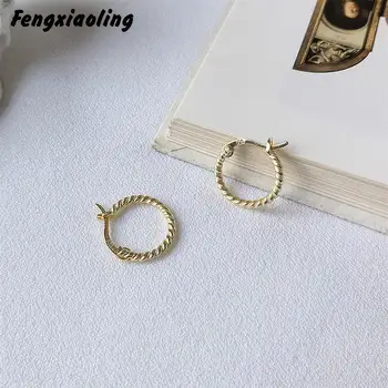 

Fengxiaoling 100% Authentic 925 Sterling Silver European Style Round Earings Fashion Jewelry For Women Golden Twist Earrings