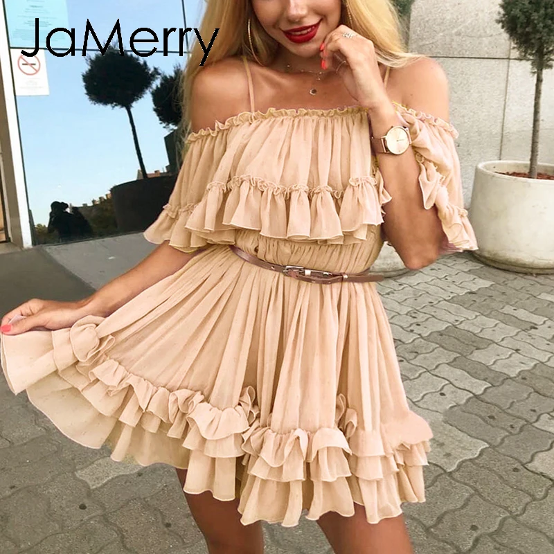 Женское мини платье на бретельках JaMerry розовое пляжное с оборками и открытыми
