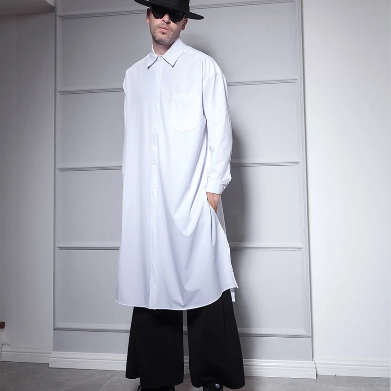 Super long men's long-sleeved shirt over the knee long shirt European and  American street style loose hip hop personality youth