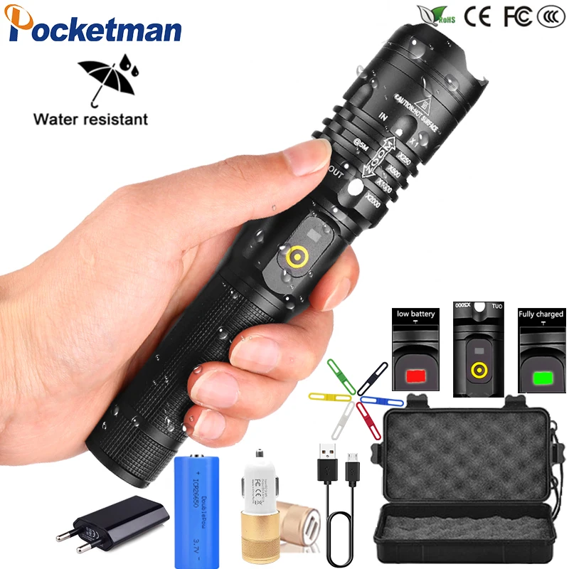 

Brightest XHP50 High Power with USB Charging Reminder LED Flashlight Waterproof 3 Modes Zoom able Defensive Electric Torch z90