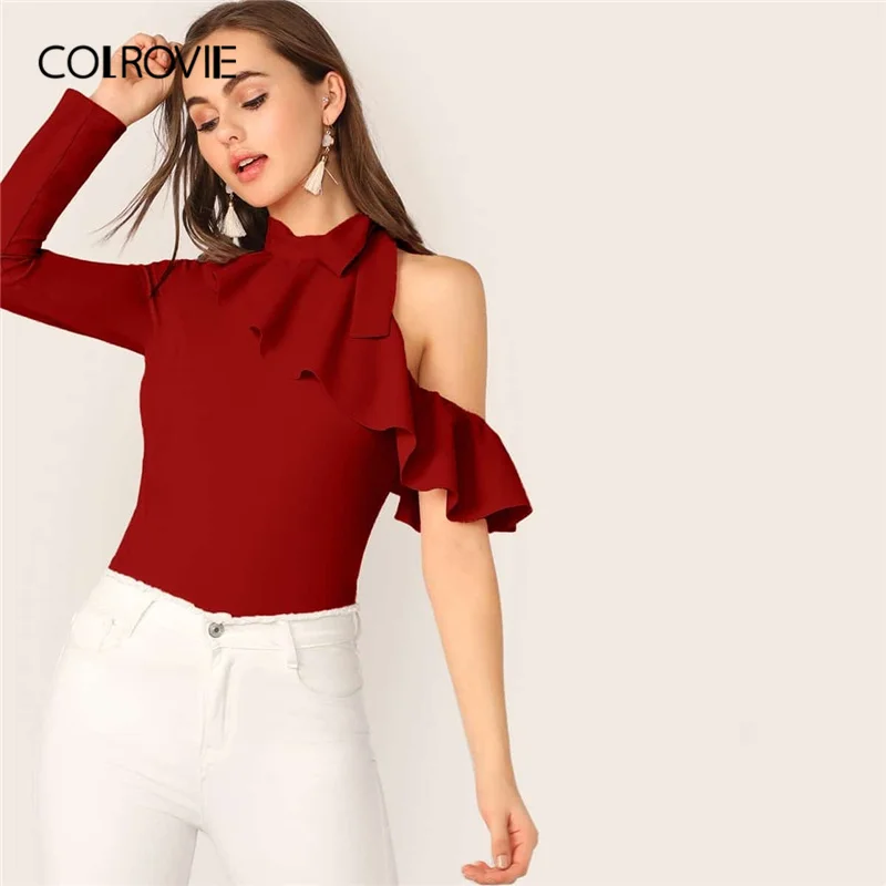 

COLROVIE Burgundy Tie Neck Ruffle Trim Cutout Fitted Top Women 2020 Spring Stand Collar Solid Tops Casual Elegant Ladies Blouses