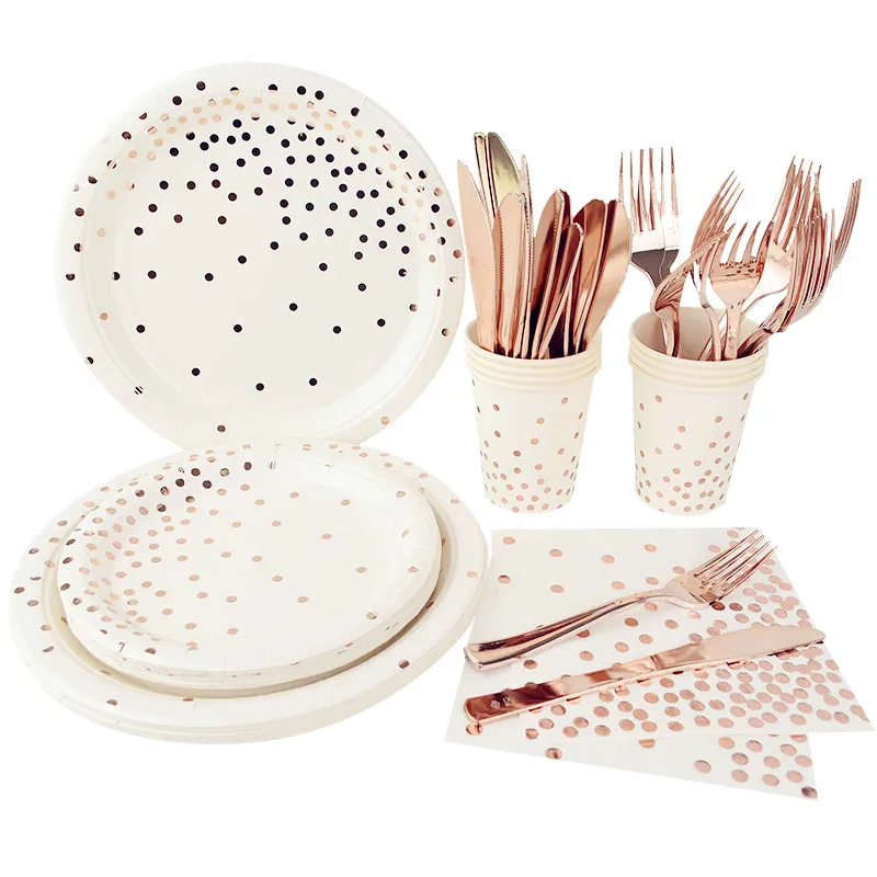 Rose Gold Dot Disposable Tableware Wedding Birthday Party Table Decor Paper Plates Cups Napkins For New Year Christmas Ornaments | Дом и сад