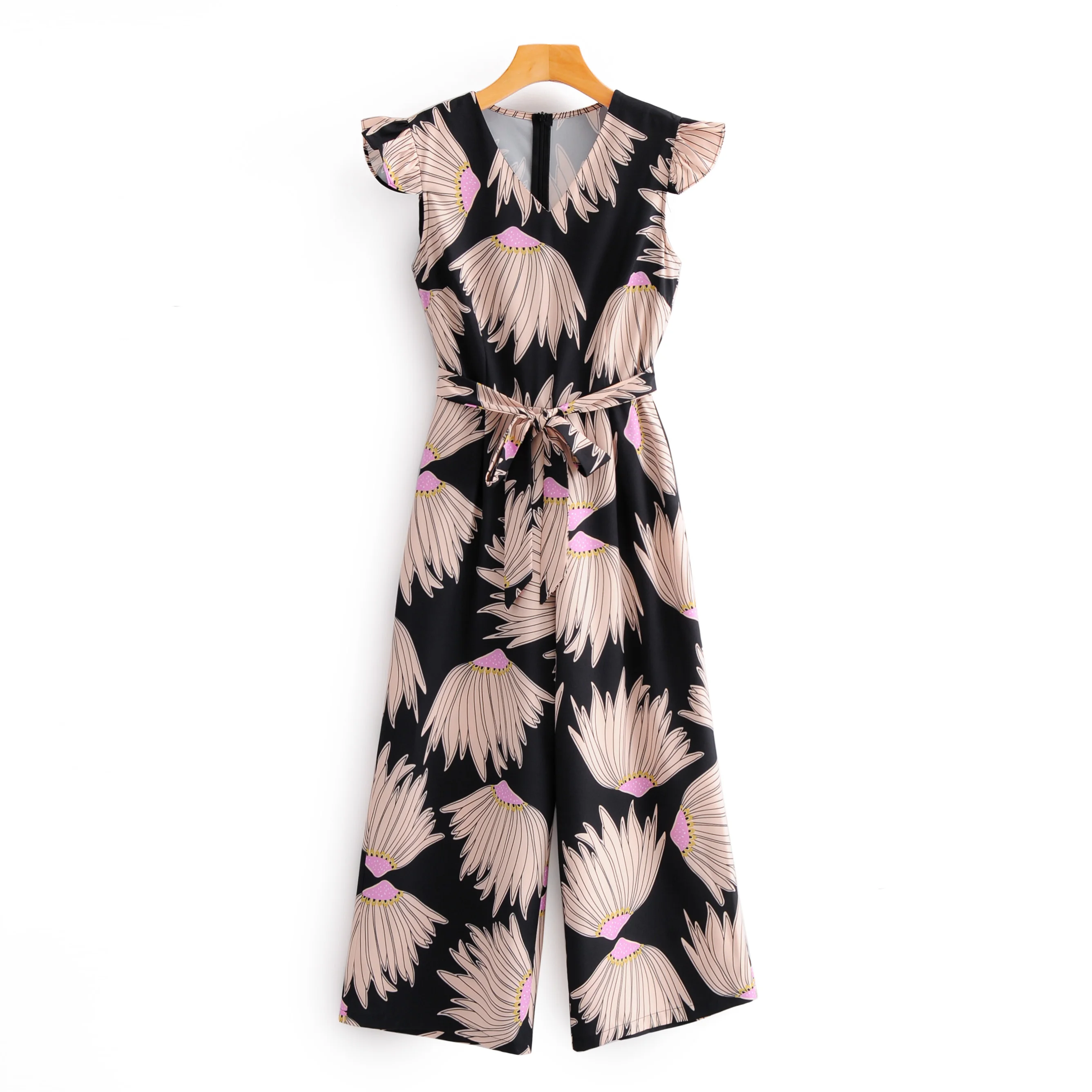 New women vintage v neck print chic jumpsuits female ruffles siamese sleeveless bow tied sashes wide leg conjoined pants DS3687 New women vintage v neck print chic jumpsuits female ruffles siamese sleeveless bow tied sashes wide leg conjoined pants DS3687