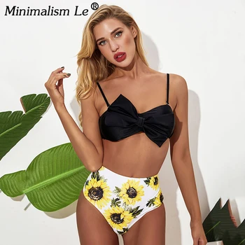 

2020 New Bow Bandage Bikinis Women Sexy Print Bathing Suit Swimwear High Waist Solid Swimsuit Summer Beachwear Female Biquini