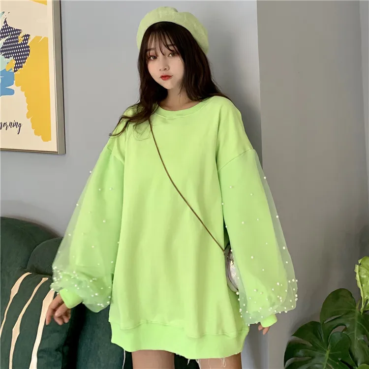 Осенняя Женская толстовка с капюшоном Babydoll Kawaii Nets Пряжа Бисероплетение топы студенческие свободные однотонные топы с длинными рукавами