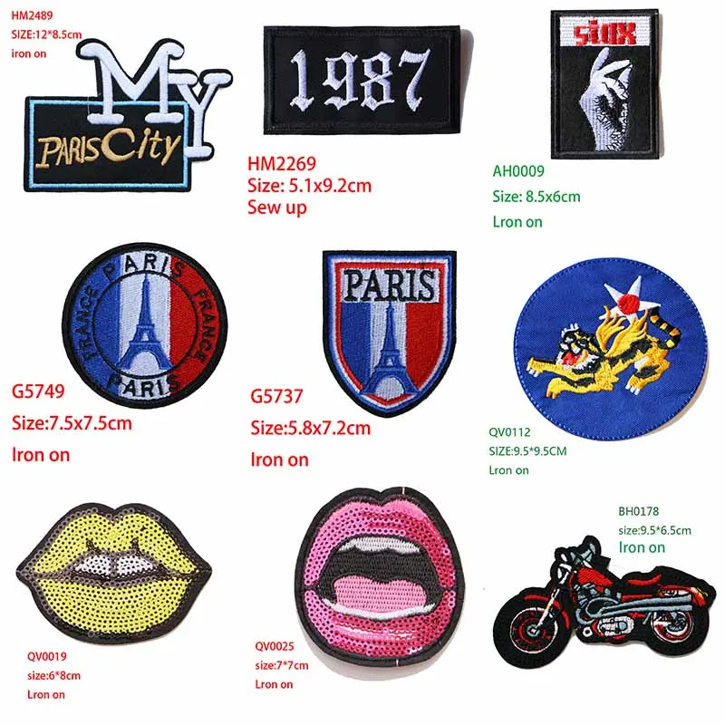 

Cartoon Decorative Patch Paris Lips Motorcycle icon Embroidered Applique Patches For DIY Iron on Badges on clothes,backpack