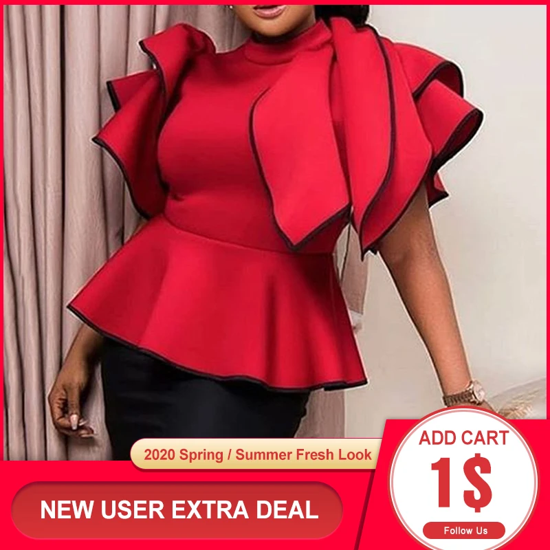 

Red Falbaba Women Blouse Tops Summer African Ruffles Sleeve High Waist Female Shirts Elegant Office Lady Work Tops 2020 Blouses