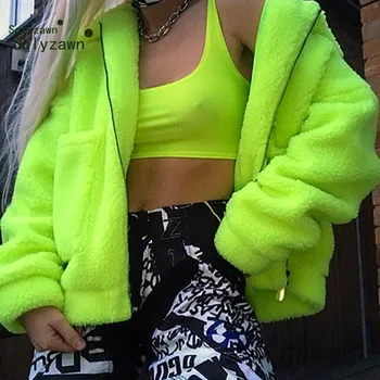 

Neon Green Autumn Winter Fleece Warm Oversize Jacket Women Streetwear Fluff Loose Bomber Coat Female Fluorescent Thick Clothes