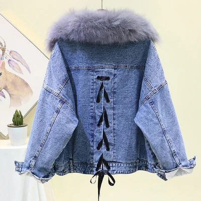Blue Зимняя Корейская Толстая теплая короткая джинсовая куртка пальто для женщин свободный большой меховой воротник+ флисовая подкладка черная джинсовая куртка Верхняя одежда для женщин - Цвет: Blue