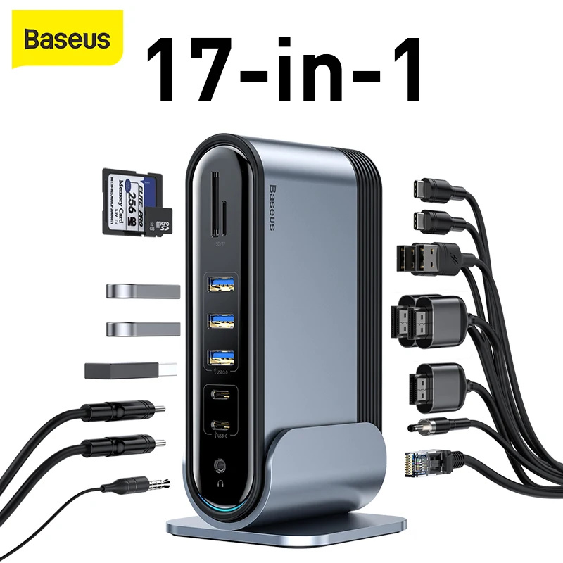 Адаптер Baseus 17 в 1 Type C для мульти HDMI RJ45 VGA USB 3 0 2 с адаптером питания рабочая док