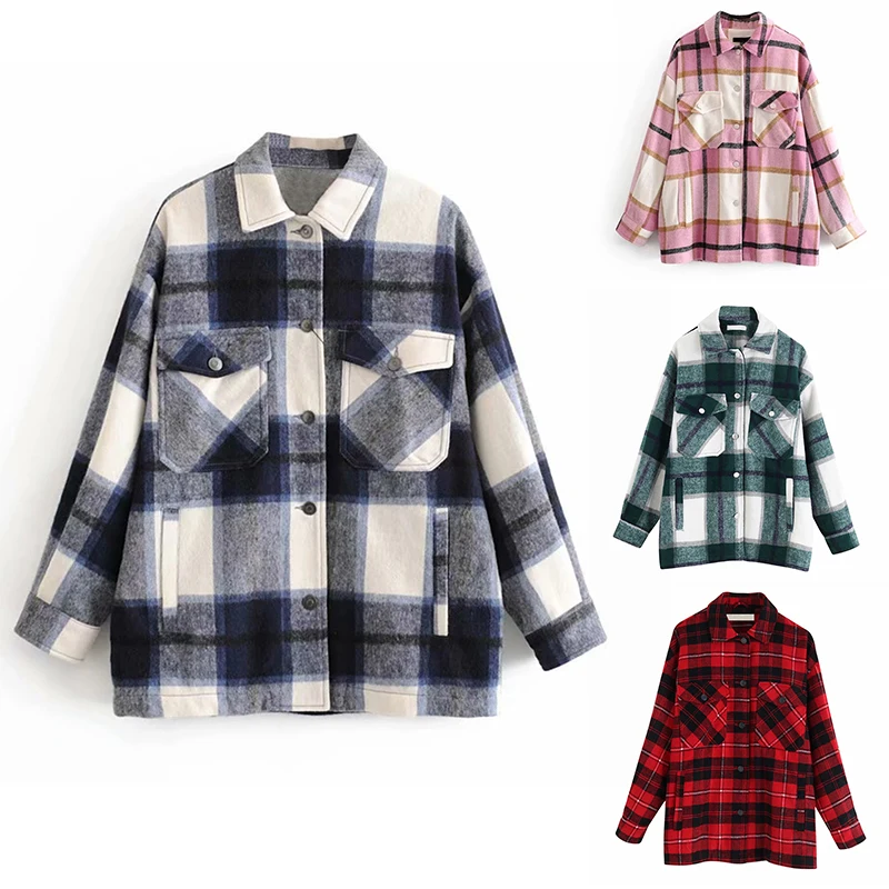 incredible  Plaid Overshirt Wool Blend Jacket Check Lapel Collar Long Sleeve Coat Women Oversized Pockets With 
