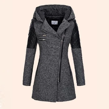 

Women Hooded Coat Winter Autumn Zipper Slim Outerwear Spring Fashion Patchwork Black Female Warm Windproof Overcoats
