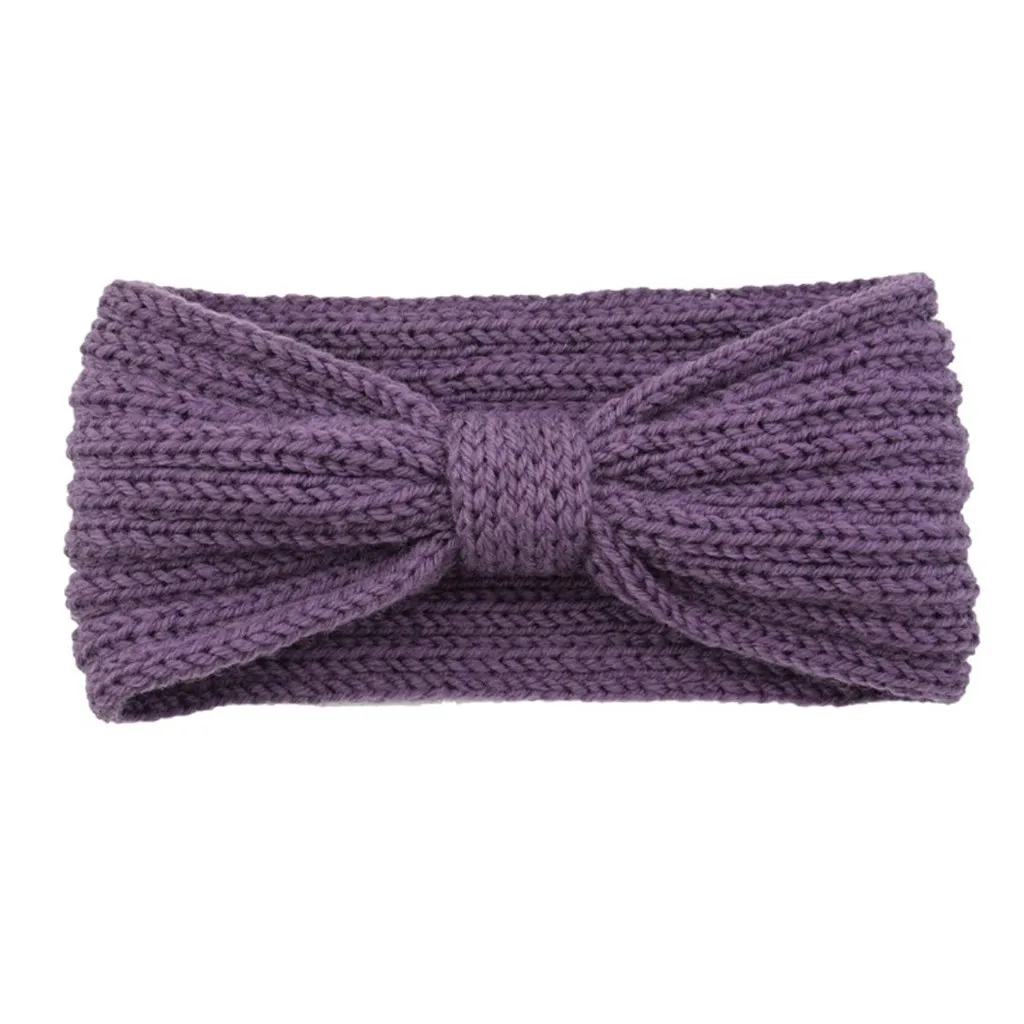 Зимняя теплая вязаная повязка на голову с ушками, тюрбан для женщин, вязаная крючком винтажная широкая эластичная повязка для головы, аксессуары для волос - Цвет: Фиолетовый