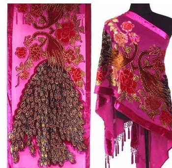 

Hot Pink Chinese Women's 100% Silk Velvet Shawls Scarf Embroidery Peacock Beaded Pashmina Hijab Long Fringe Muffler Scarves