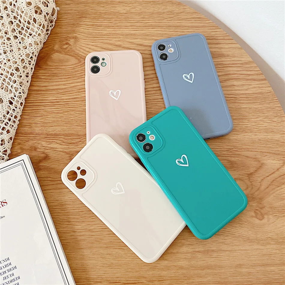 Candy Colors Love Heart Phone Case For iPhone 11 12 Pro Max 7 8 Plus X XR XS Max Three-dimensional Square Frame Back Cover Coque