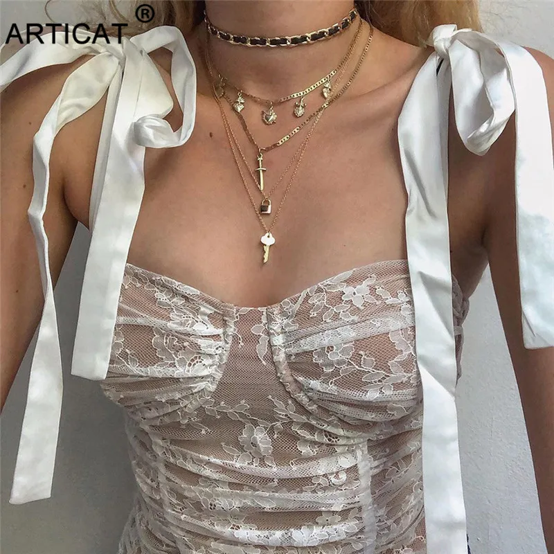 Skup Articat seksowny patchwork w siatkę krótkie bluzki damski krawat z kokardką zasznurowany solidny gorset podkoszulki damski klubowy strój imprezowy Spaghetti Stap Tops