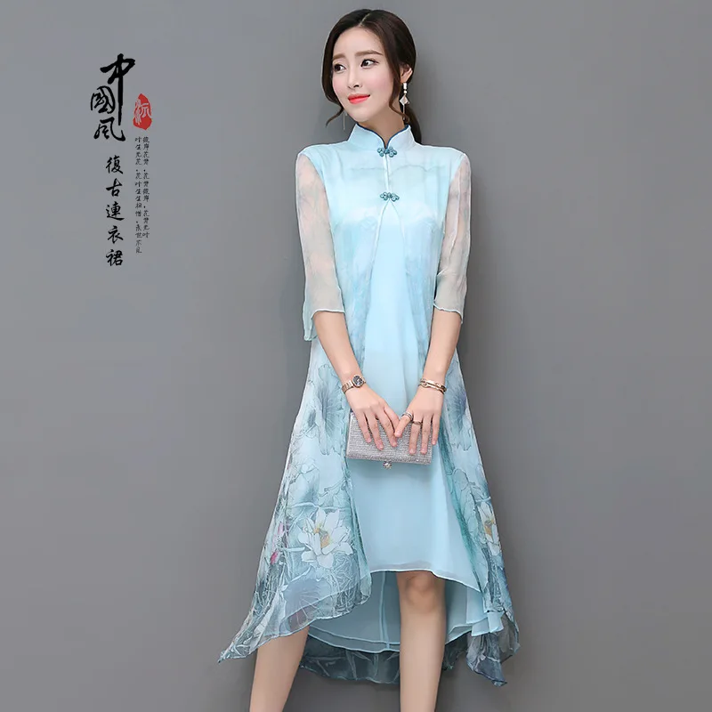 

2019 Vintage Improved Real Silk Summer Mid-length Casual Cheongsam Chinese-style Chinese Style WOMEN'S Dress