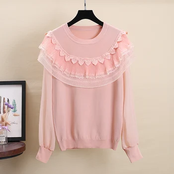 

Air Chiffon mesh stitching Ruffle edge Crew Neck Long Sleeve T-Shirt women's autumn new loose bottoming top
