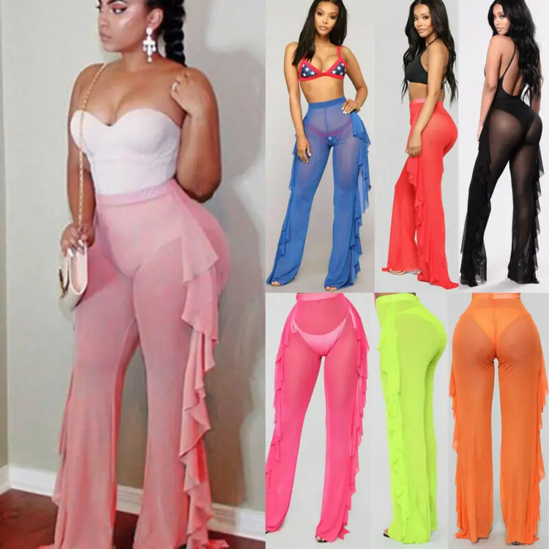Women Beach Pants Mesh Ruffle Sheer Wide Leg Trousers Bikini Cover Up swimsuit cover up swimsuit coverup