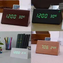 New Triangular Wood Dual Display Thermometer Grain Sensor Activated LED Clock 4 Colors New Arrival
