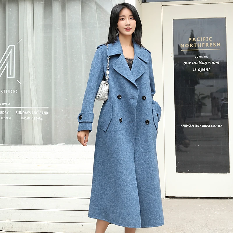Шерсть, двустороннее нейлоновое пальто для девушек, осень и зима, новое свободное кашемировое пальто с отворотом, модное пальто для вечеринок - Цвет: Синий
