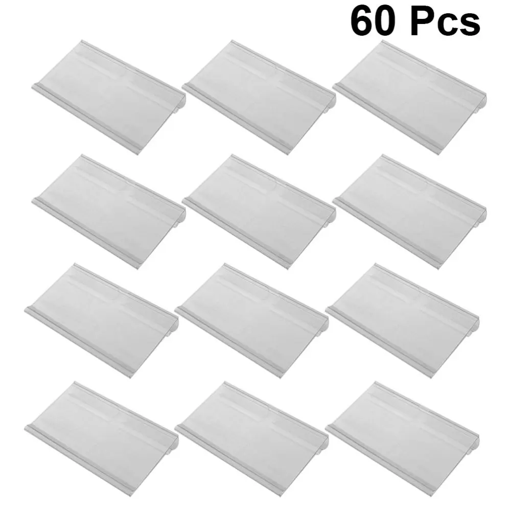 60Pcs Plastic Sign Label Holder Hanging Hook Shelf Retail Price Tag Label Merchandise Sign Display Holder Stand (Transparent) 20pcs transparent price shaped display stands commodity price transparent shelf label stand table price holder 6 9cm