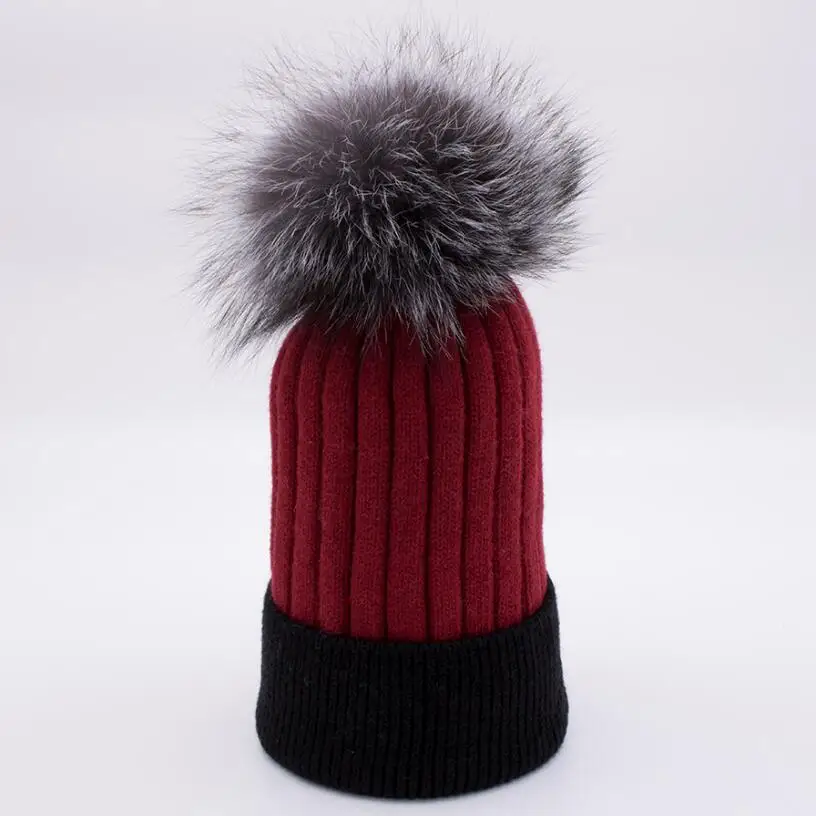 black red silver YC Fur, зимние шапки, шапка s для женщин, двойные цвета, вязаные шерстяные шапочки, Skullies, с меховым помпоном большого размера, женская шапка - Цвет: black red silver
