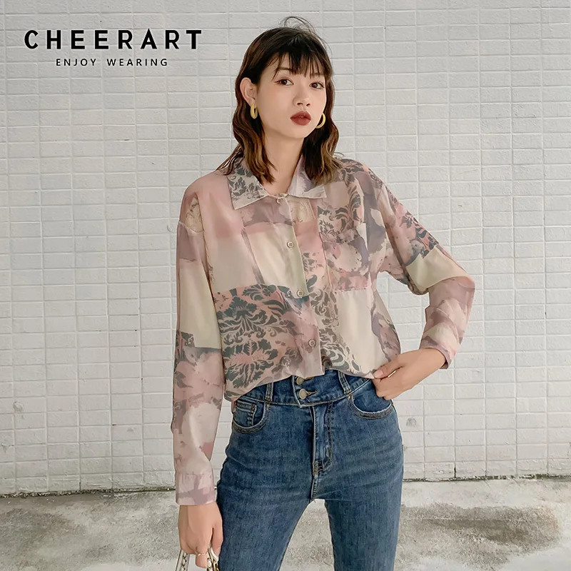 CHEERART дизайнерская винтажная блузка с длинным рукавом топ рубашка на пуговицах