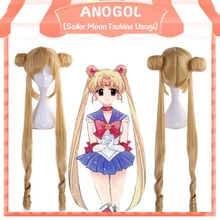 Anogol Сейлор Мун Усаги длинный кудрявый блонд двойной конский хвост Синтетический Косплей парик для девочек вечерние