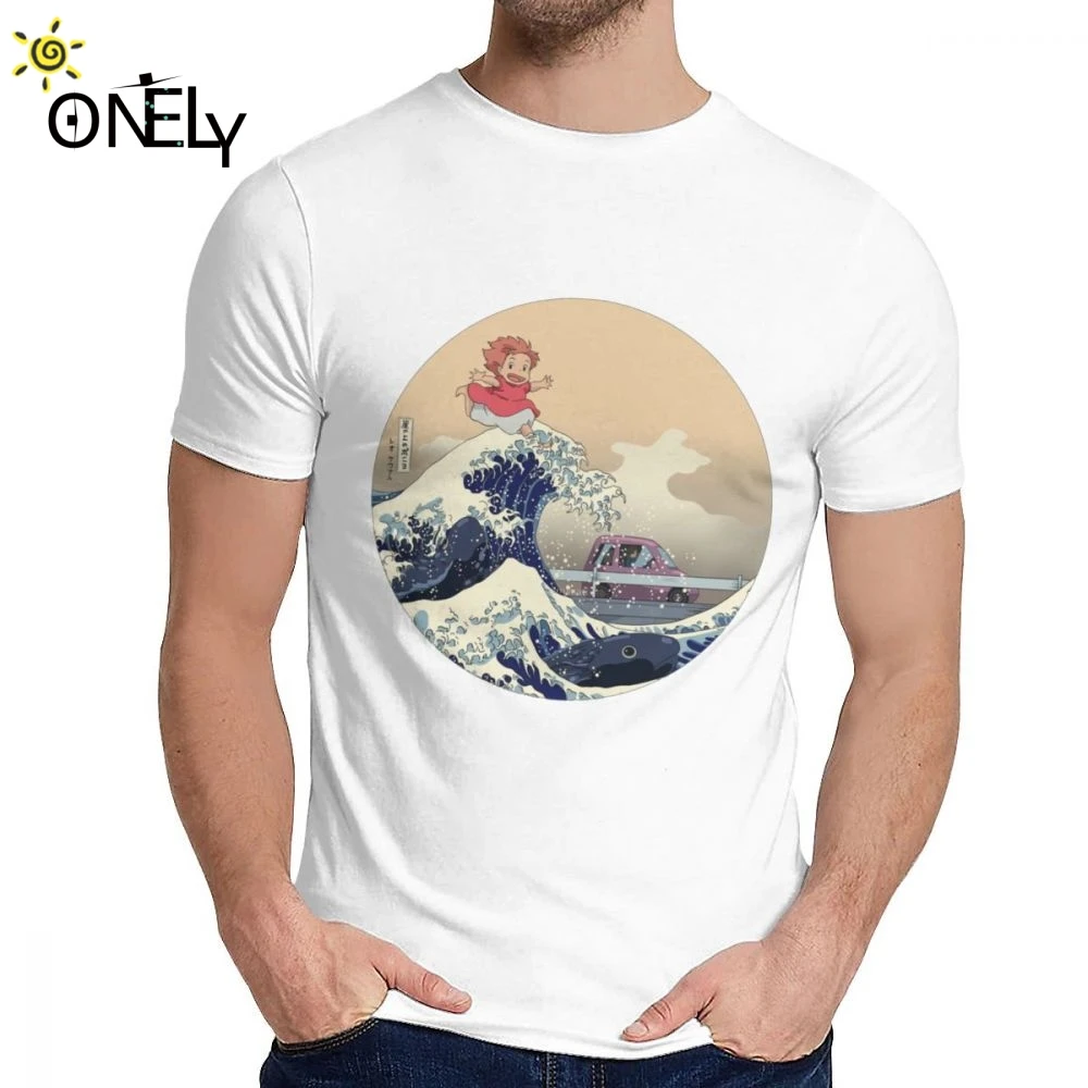 Casual JAPANESE WAVE Ponyo On The Cliff By Sea Homme Tee Shirt For Man Cool Pure Cotton Clothes Classic Round Neck | Мужская одежда