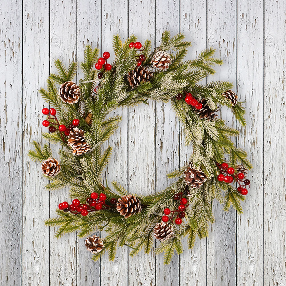 

Christmas Garland Pine Cone Red Fruit Wreath Romantic Decoration White Flocking Pendant with Frost Ornaments PE+Rattan New O21