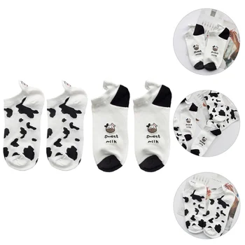 

2 Pairs Girl Cow Pattern Design Short Socks Comfortable Breathable Short Socks Low-cut Socks for Everyday Wear
