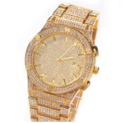 18K Gold Plated Bling Full Diamond Calendar Watches Hip Hop Zircon Quartz Men Wristwatch Party Anniversary Gifts