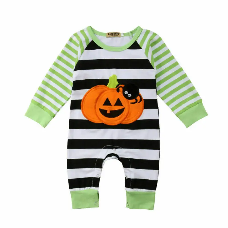 0-18M Halloween Newborn Baby Girl Boy Rompers Long Sleeve Cartoon Pumpkin Striped Jumpsuit Playsuit Autumn Baby Costumes