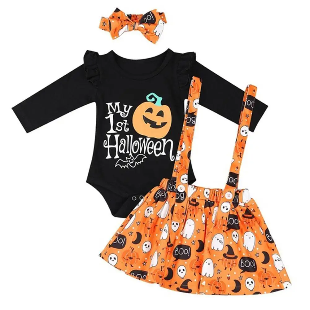 

Halloween Children's Clothing Suit Pumpkin Print Romper Halloween Costume Suit Band Hair Baby Suspender Skirt Costume Girl H3K8