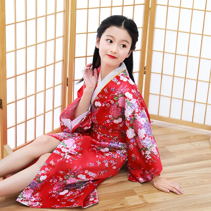Японский традиционный детский халат, атласное кимоно юката для девочек, с бантом, юката, детское платье с принтом сакуры, костюм подружки невесты, шелковое кимоно - Цвет: Re -2