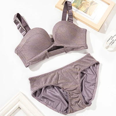 glittery hollow out sexy women lingerie wire free adjustable Bralette seamless panties thick bra brief set fashion underwear - Color: Lavender