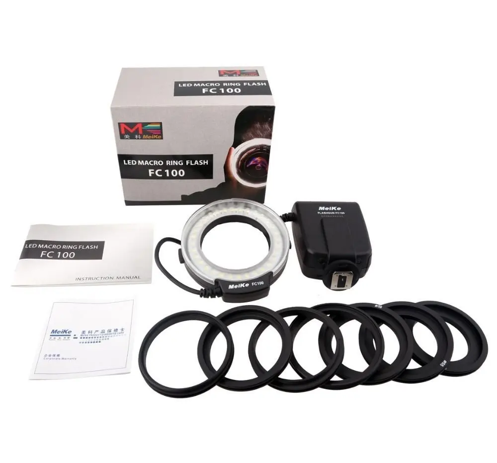 On Camera Flash Camera Flash Meike FC-100 FC100 Manual LED Macro Ring Flash Light 7 Adapter Ring For Canon Nikon Olympus Pentax Digital DSLR Camera