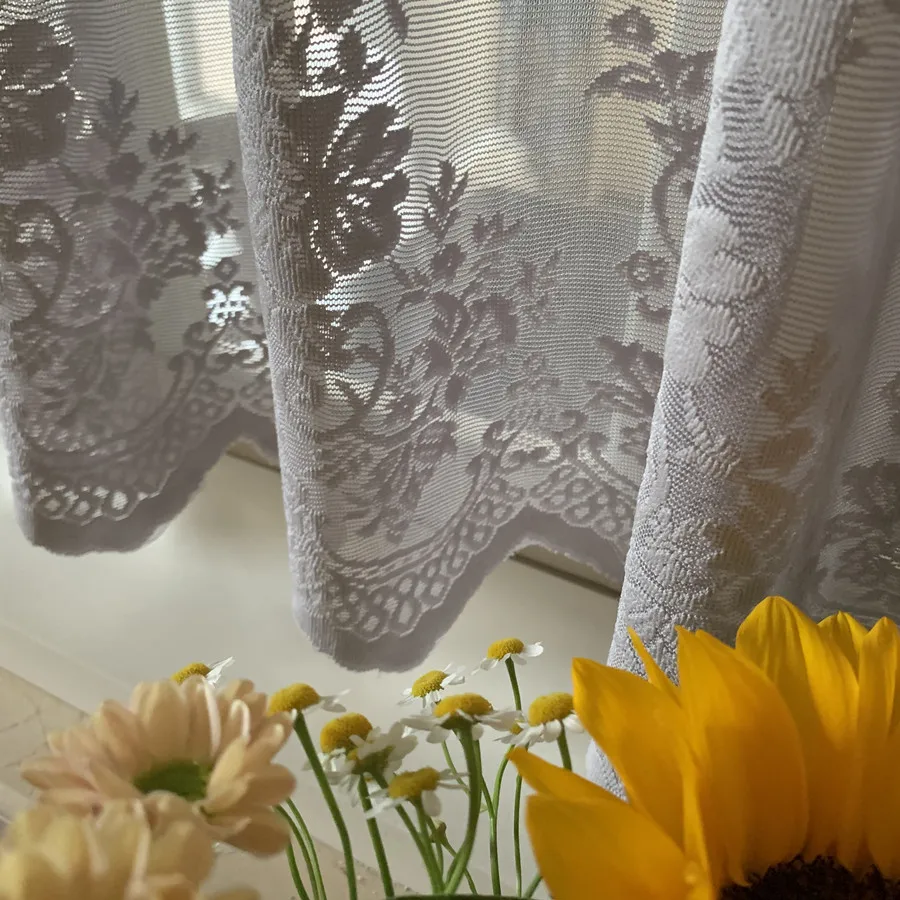 Dark Green Lace Embroidered Voile Short Curtain for Kitchen Cupboard Door Korean Coffee Half Curtain Partition Decor AD766E