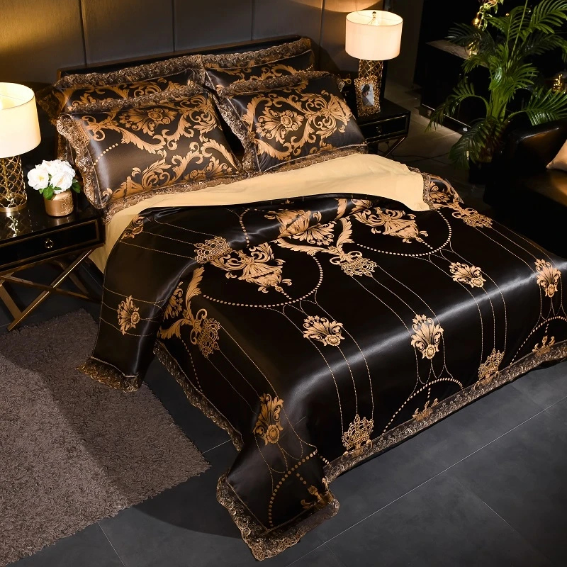 Dropshipping Wedding Duvet Cover Set golden Jacquard bedding set Lace flat sheet Pillowcase 4pcs European luxury | Дом и сад