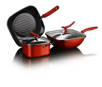 

Square Shape Red Color Non-stick Iron Cookware Set Frying Pan Wok Soup Pot with 2 Covers Kitchen Pans and Pots Set Cooking Tools