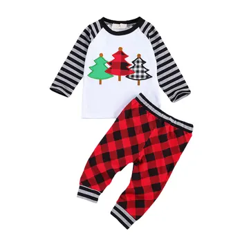 激安 男の赤ちゃん服セットクリスマスツリー印刷ストライプスリーブo-ネックトップス + チェック柄ロングパンツ春秋祭スーツ0-24メートル
