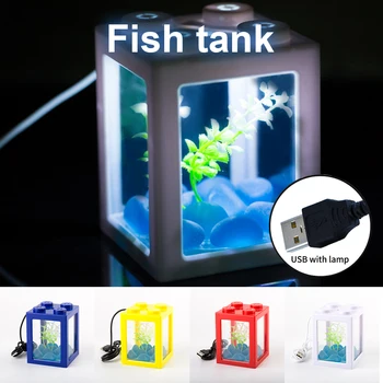 

USB Mini Aquarium Fishes Tank With LED Lamp Light Small Aquariums Stackable Rumble Fish Cylinder Aquarium Supplies