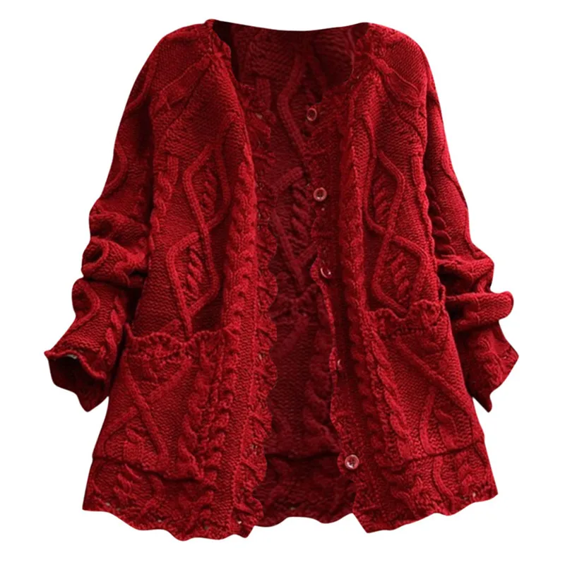 Женский зимний кардиган, свитер для девочек, стильное ажурное кружевное вязаное пальто на пуговицах, кардиган, Femme Manche Longue Truien Dames - Цвет: Wine Red