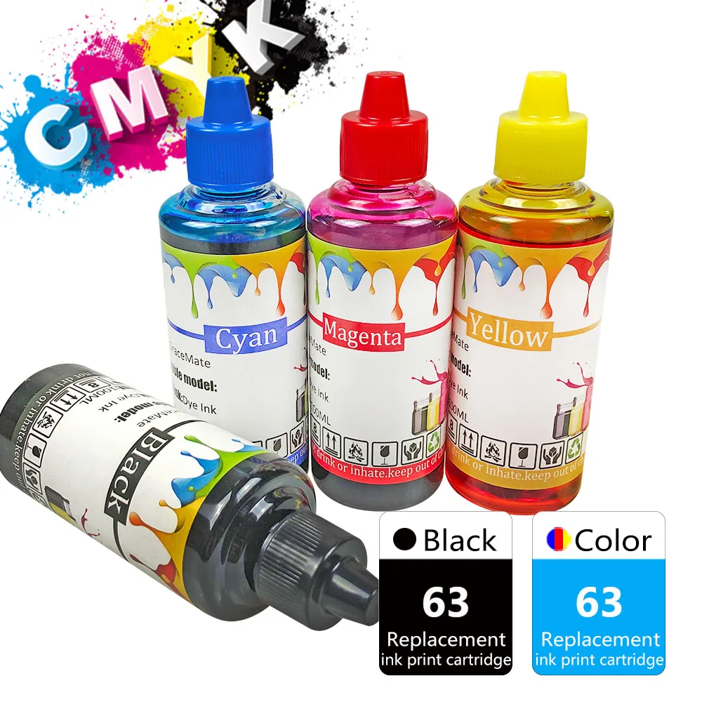 100ml Inks Black Color Compatible for HP 63 Ink Refill Kits Officejet